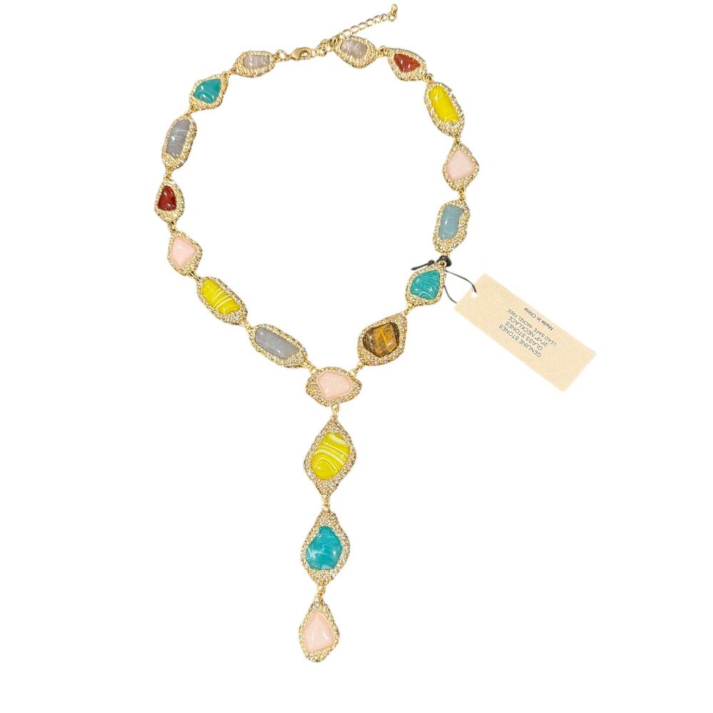 Piper K Gemstone & Glass Y-Lariat Drop Necklace NWT yellow brown blue pink